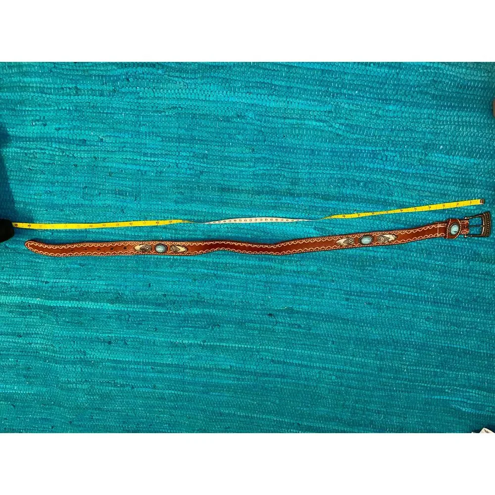 VINTAGE 80's STITCHED STUDDED LEATHER BELT W/ TURQUOISE STONES